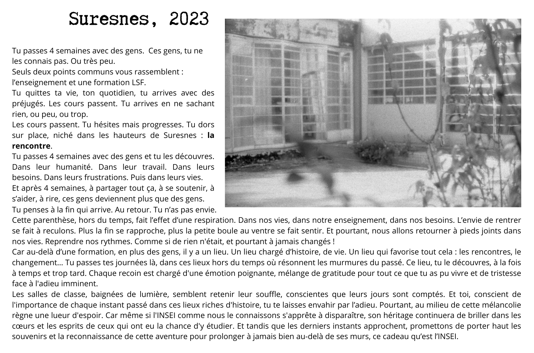 Photo de l'école. Texte de l'enseignante "Suresnes, 2023". Le texte se trouve après l'image.