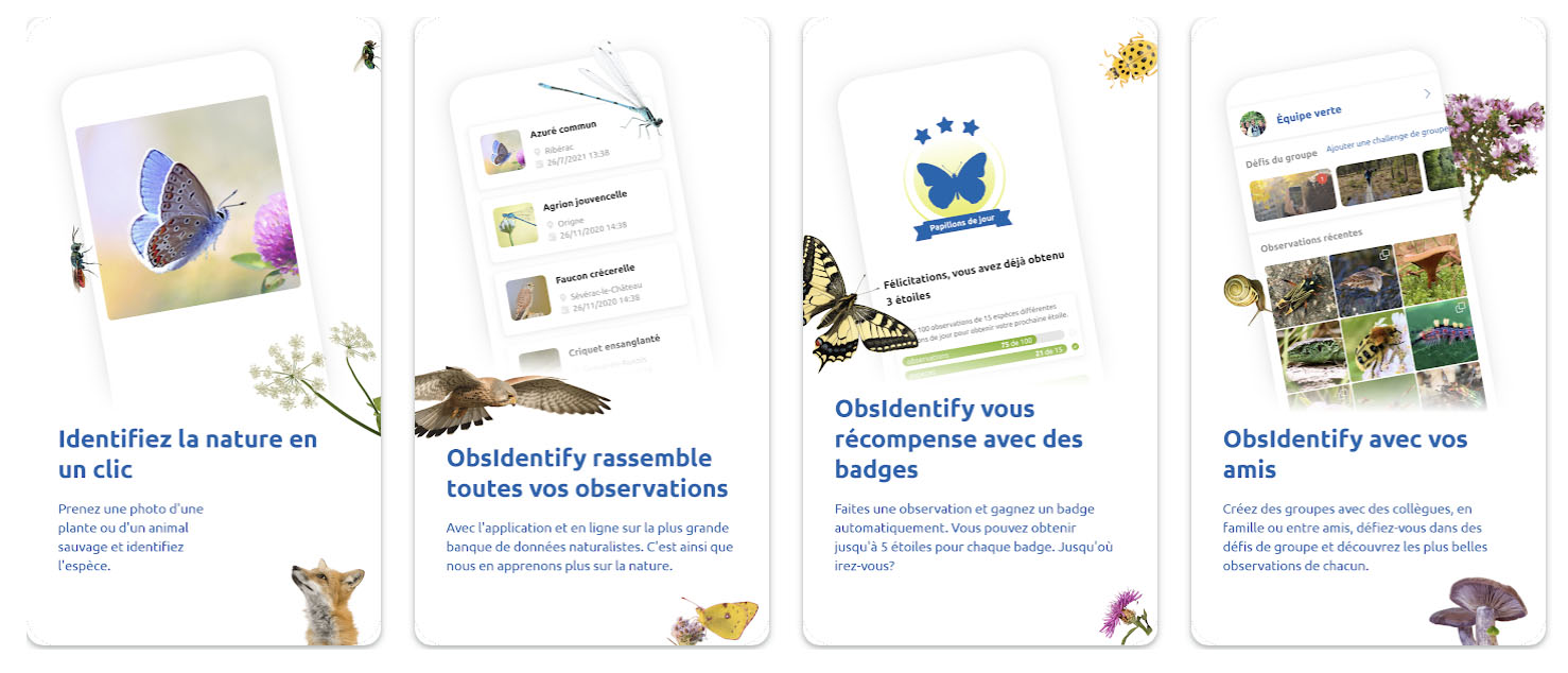 Visuel de l'application ObsIdentify avec plusieurs captures d'écrans. 